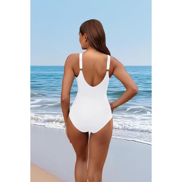 Holipick Women Tummy Control One Piece Swimsuit - white Push Up Full Coverage - Picture 4 of 7